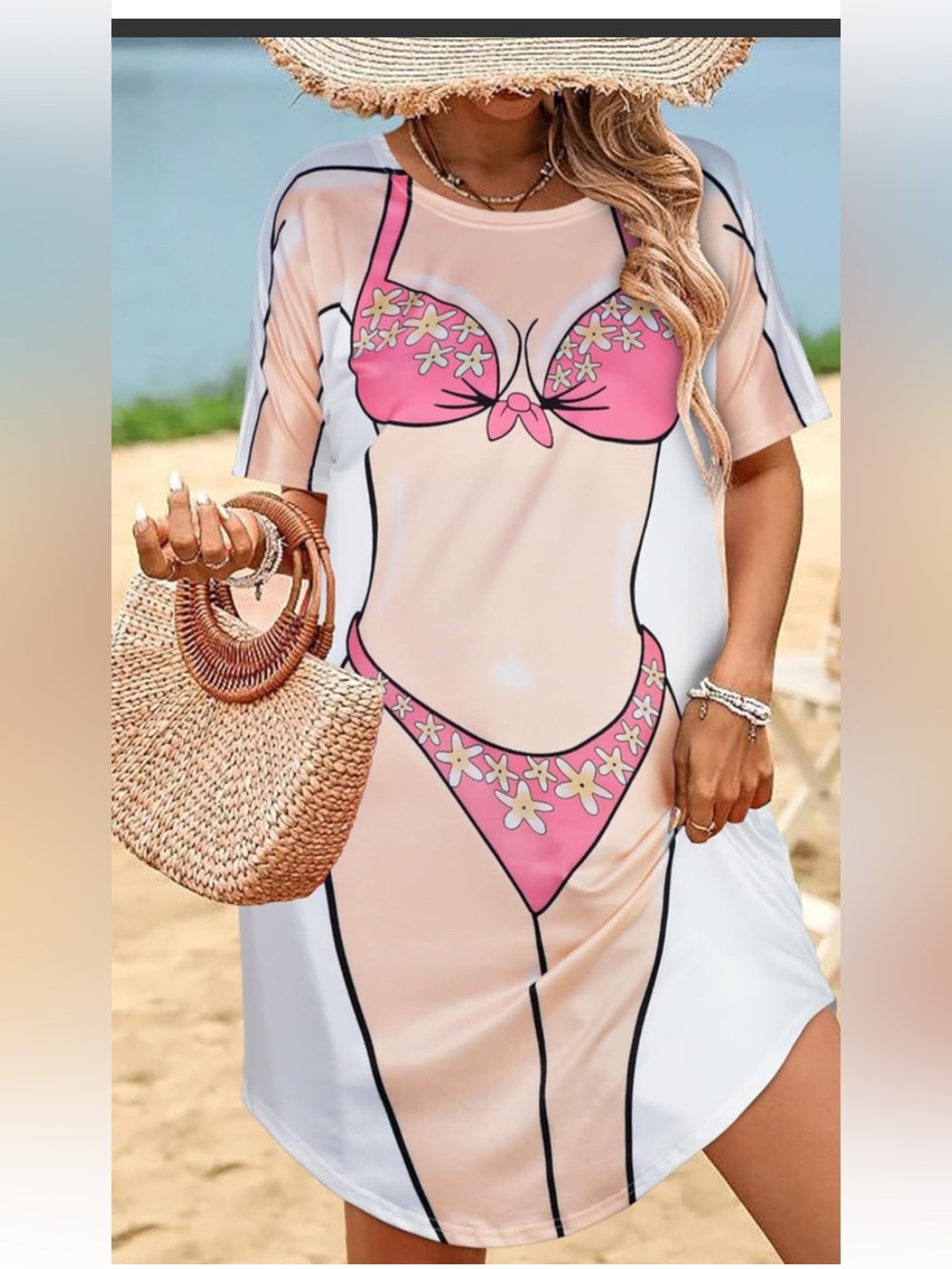 Funny Beach / Pool Bikini Swimsuit Cover Up Shirt Body Print, Short sleeve dress